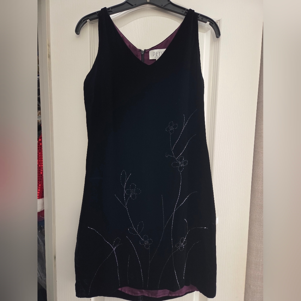 Petite Sophisticate Black Dress with Silver Floral Design